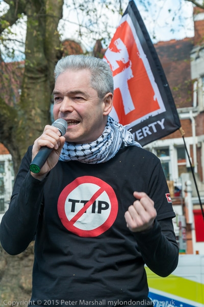 John Hilary of War on Want makes his points forcerfully at the Day of Dissent rally against TTIP on Shepherds Bush Common.